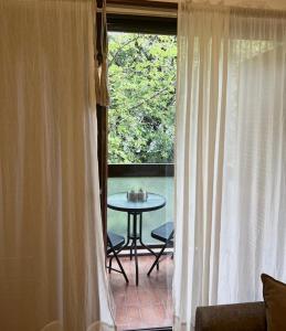 Habitación con patio con mesa y ventana. en Departamento Mitre- Pleno corazón de la Ciudad. en Mendoza