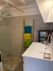 a bathroom with a sink and a shelf with towels at Studioloc'Martinique in Les Trois-Îlets