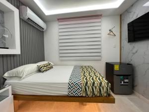 a bedroom with a bed with a window and a television at Alegria Hostal in Santiago de los Caballeros