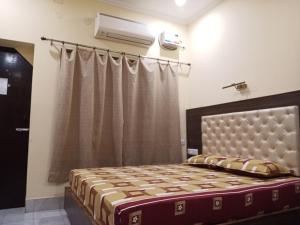 a bedroom with a large bed with a curtain at Scindhia Guest House in Varanasi