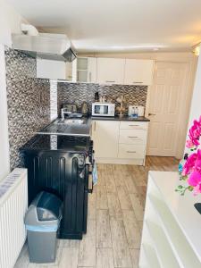 uma cozinha com armários brancos e um forno com placa de fogão em Lodge Apartment em Dublin