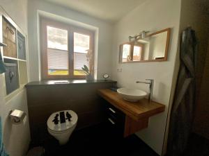 a bathroom with a sink and a toilet and a mirror at Charmante Ferienwohnung in Kaufbeuren