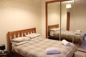 een slaapkamer met 2 bedden en een spiegel bij Newly Refurbished 2 Bedroom flat on NC500 route in Wick