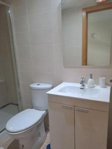 a white bathroom with a toilet and a sink at Acogedor loftcon garaje a 10min del aeropuerto in Madrid