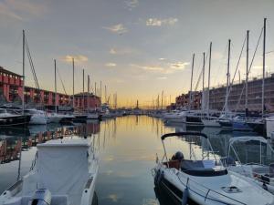 un groupe de bateaux amarrés dans un port dans l'établissement CasaViva - Bilo with patio in Genova San Teodoro, à Gênes