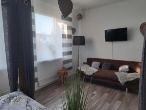 een woonkamer met een bank en een flatscreen-tv bij Ferienwohnung Talblume in Marl