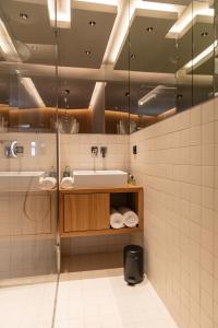 La salle de bains est pourvue d'un lavabo et d'une douche. dans l'établissement Core Luxembourg City-Grand Duke's Palace, à Luxembourg