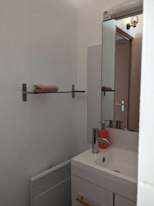 a bathroom with a sink and a mirror at Au chalet d'Illiers Combray, grand jardin arboré in Illiers