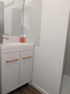 een witte badkamer met een wastafel en een spiegel bij Au chalet d'Illiers Combray, grand jardin arboré in Illiers