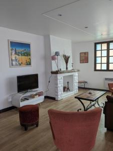 een woonkamer met een tv en een open haard bij Au chalet d'Illiers Combray, grand jardin arboré in Illiers