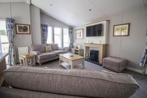 uma sala de estar com um sofá e uma lareira em Stunning 4 Berth Lodge With Decking At Breydon Water In Norfolk Ref 10094b em Belton