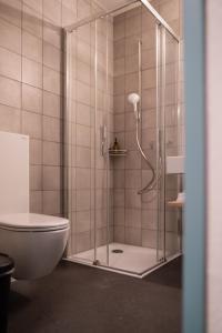 a shower with a glass door next to a toilet at Bogentrakt in Chur