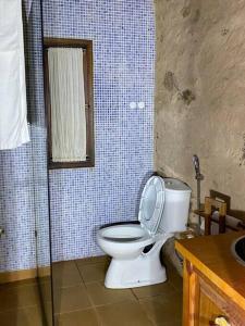 a bathroom with a toilet and a mirror and a sink at Azenha São Rafael in Ribeirão