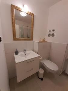 a bathroom with a sink and a toilet and a mirror at Kleine Altstadt-Wohnung mit Terrasse in Wismar +12 photos