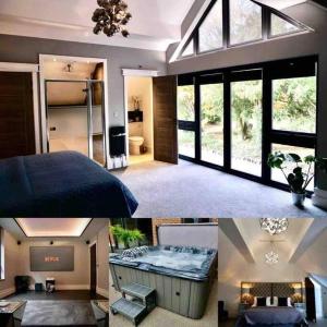 un collage de photos d'une chambre avec baignoire dans l'établissement Luxury holiday home sleeps 8-12 W/Hot Tub, à Worcester