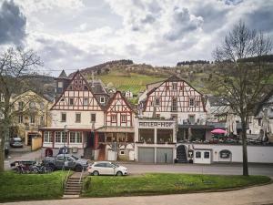 a group of buildings with cars parked in a town at Gästehaus Zur Traube in Reil