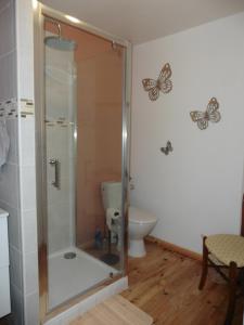 baño con ducha con mariposas en la pared en Gîte 4 pers avec option sauna- Classé 3 étoiles- Sud charente, en Lagarde-sur-le-Né