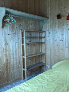 Zimmer mit einer Holzwand, einem Regal und einem Bett in der Unterkunft Au petit chalet d'Illiers Combray in Illiers
