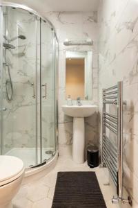 a bathroom with a sink and a shower and a toilet at Cosy and modern Bedroom in the heart of Dublin in Dublin