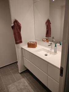 een badkamer met een witte wastafel en een spiegel bij Ny bolig i grønne omgivelser. in Rødovre