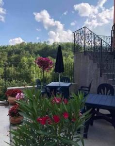 - une terrasse avec une table, des chaises et des fleurs dans l'établissement APPARTAMENTO POGGIGRILLi, à Pievepelago