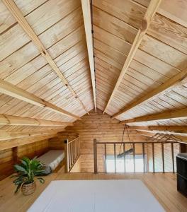 Habitación con techo de madera y maceta. en Mountain Eco Shelter 8, en Funchal