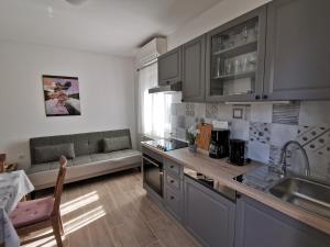 a kitchen with gray cabinets and a couch in a room at Apartman MARIJETA in Mošćenička Draga