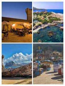 a collage of four pictures of a resort at Sicilia beddra in Tonnara di Bonagia