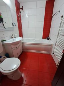 uma casa de banho com um WC, uma banheira e um lavatório. em Apartament Raul em Sânmartin