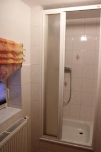 a shower with a glass door in a bathroom at Pension Scheers in Meißen