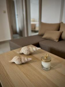 una vela y dos conchas de mar sobre una mesa en una sala de estar en Bouvegio Apartments Vera, en Afantou