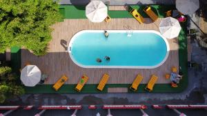 an overhead view of a swimming pool and umbrellas at Hotel Mitologia Algodoal in Algodoal