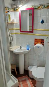 a bathroom with a sink and a toilet and a mirror at Hostel Albergue La Casa Encantada in El Paso
