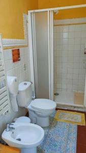 a bathroom with a toilet and a sink and a shower at Hostel Albergue La Casa Encantada in El Paso