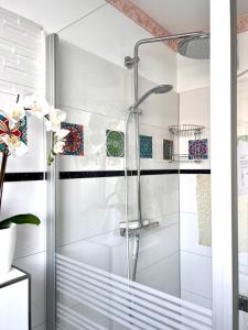 um chuveiro com uma porta de vidro na casa de banho em Casa Rehman em Ratzeburg