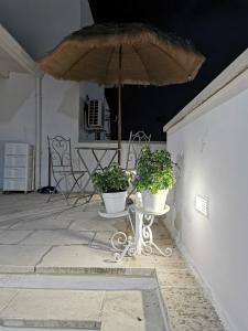 a patio with two plants and an umbrella at Holiday House in Nardò
