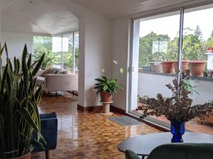 a living room with a table and some plants at Habitación en penthouse en el centro histórico in Popayan