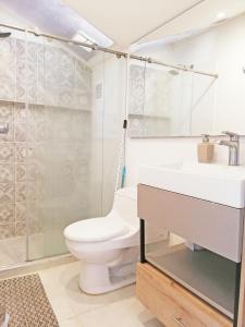 a bathroom with a toilet and a sink and a shower at Habitación en penthouse en el centro histórico in Popayan