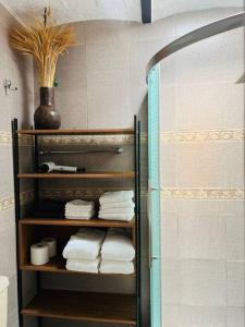 a bathroom with a rack of towels and a shower at Residencia Ibarra in Santa Cruz de la Soledad