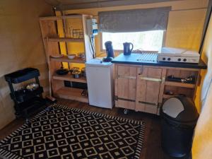 een kleine keuken met een fornuis en een koelkast bij Safaritent Alkenhaer Appelscha in Appelscha