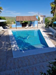 a swimming pool in a villa with a dolphin in the water at Casa Olivar B&B in Tocon