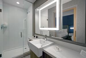 uma casa de banho com um lavatório, um chuveiro e um espelho. em SpringHill Suites by Marriott Franklin Cool Springs em Franklin