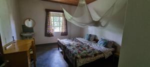 1 dormitorio con cama, mesa y espejo en Mutolere Coffee Pot Guest Houses en Kisoro