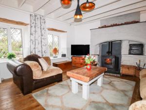 a living room with a couch and a fireplace at Bro Tref Cottage in Newquay