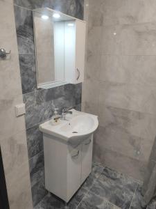 ein Badezimmer mit einem weißen Waschbecken und einem Spiegel in der Unterkunft Апартамент Памела ВИП гр. Добрич in Dobritsch