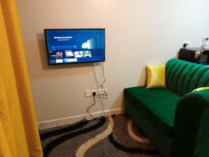 a living room with a green couch and a flat screen tv at Comfy Haven -Rustic studio apartment in Donholm in Nairobi