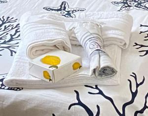 eine weiße Schachtel auf einem Haufen Handtücher auf einem Bett in der Unterkunft Popi al mare in villa con giardino e wifi in Sestri Levante