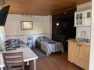 cocina y dormitorio con cama y lavamanos en Mentulan Cottage, en Lappeenranta