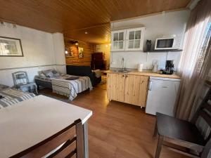 a room with a kitchen and a living room at Miekkalan Saunatupa in Lappeenranta +7 photos