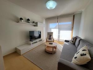 ein Wohnzimmer mit einem Sofa und einem TV in der Unterkunft Apartamento con piscina a escasos metros de A Lanzada in Pontevedra